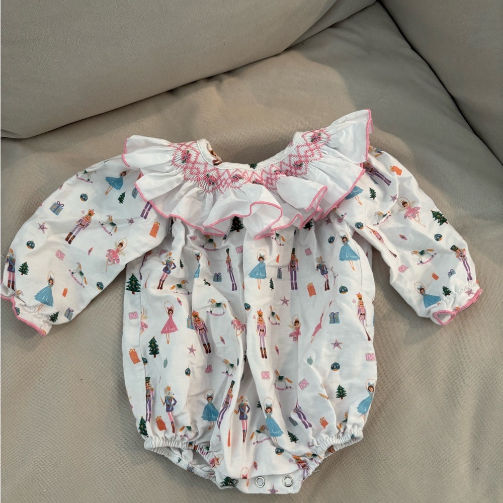 LuLu BeBe Girls Christmas Nutcracker Print Smocked Bubble